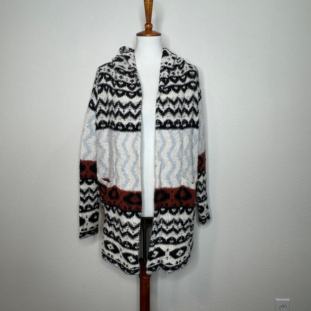 ABERCROMBIE & FITCH Open Front Long Cardigan‎ SM Hood Ikat Pattern Wool Alpaca - Picture 2 of 11